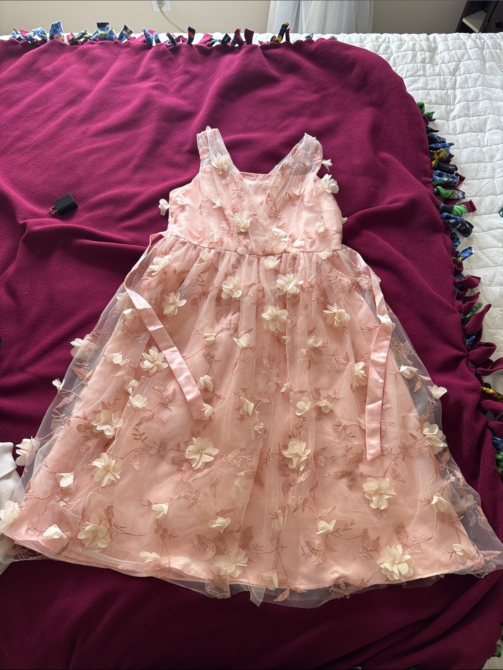 Pink Floral Appliqué Girls' Party Dress